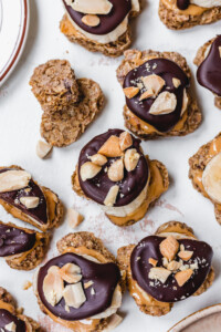 Close up of Chocolate Peanut Butter Banana Weetabix Bites with peanuts on top