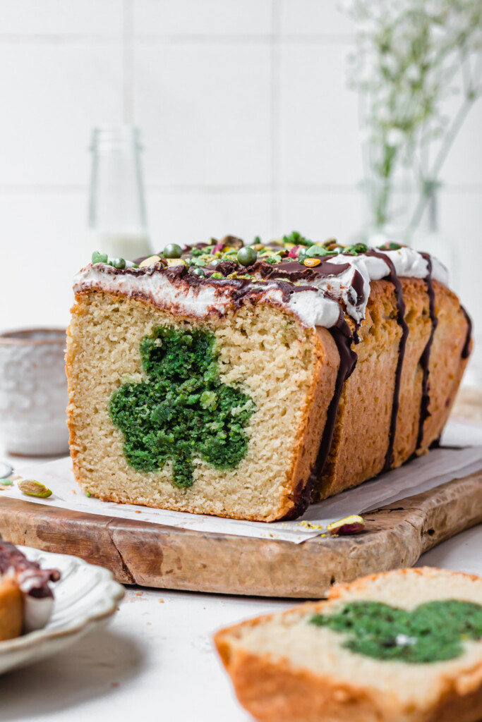 A side on angle of a St Patrick's Day Loaf Cake
