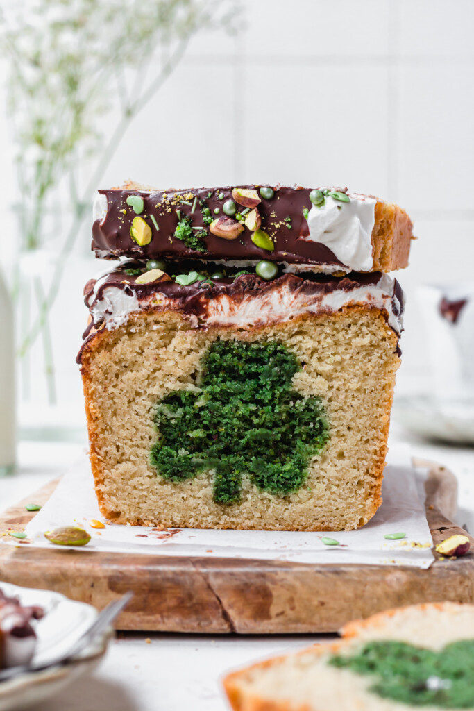 A St Patrick's Day Loaf Cake with a slice on top