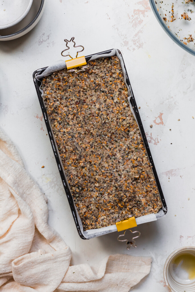 A loaf of Super Seedy Grain-Free Bread in a tin before baking