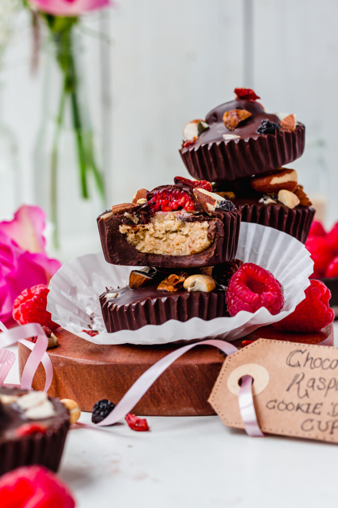 A stack of two Chocolate Raspberry Cookie Dough Cups