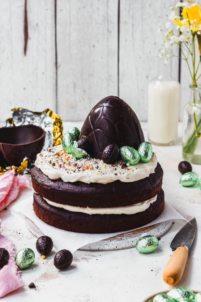 A Dark Chocolate Easter Egg Cake with an Easter egg on top