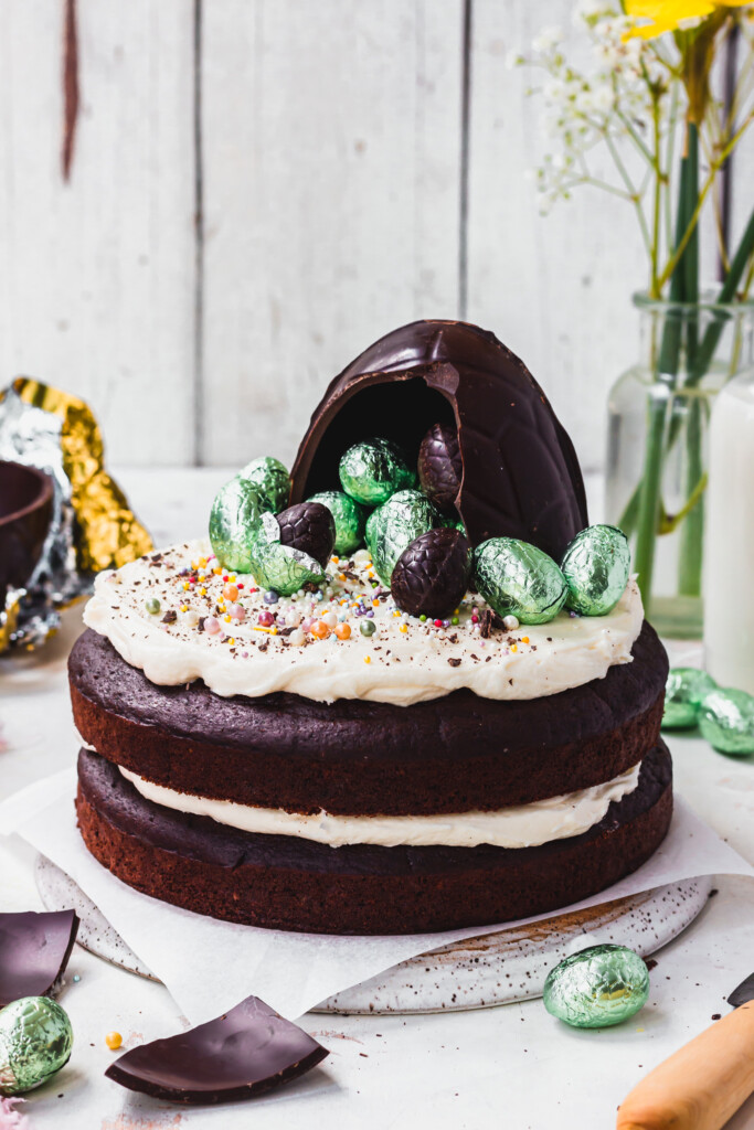 A Dark Chocolate Easter Egg Cake on a plate
