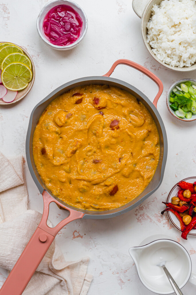 A pan of Tomato and Chickpea Vegan Curry without toppings