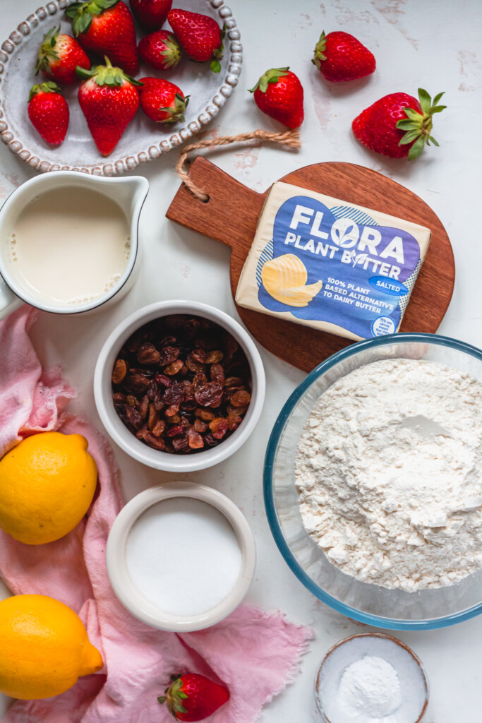 Ingredients needed to make vegan scones with Flora Plant Butter