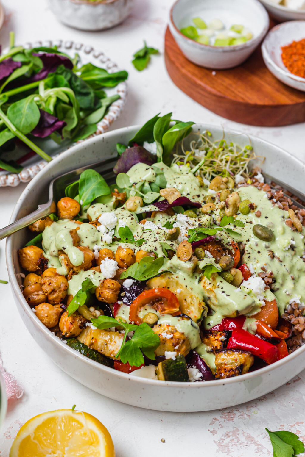 Roasted Vegetables and Chickpeas with Green Goddess Tahini - Nourishing Amy