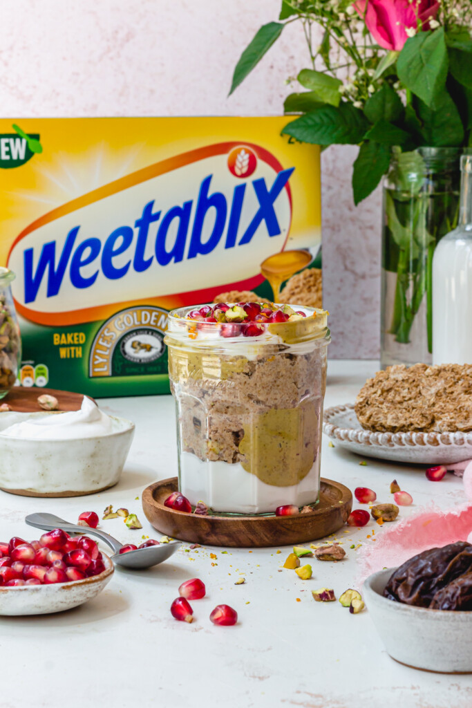 Baklava-Inspired Weetabix Jars in front of a box of Weetabix