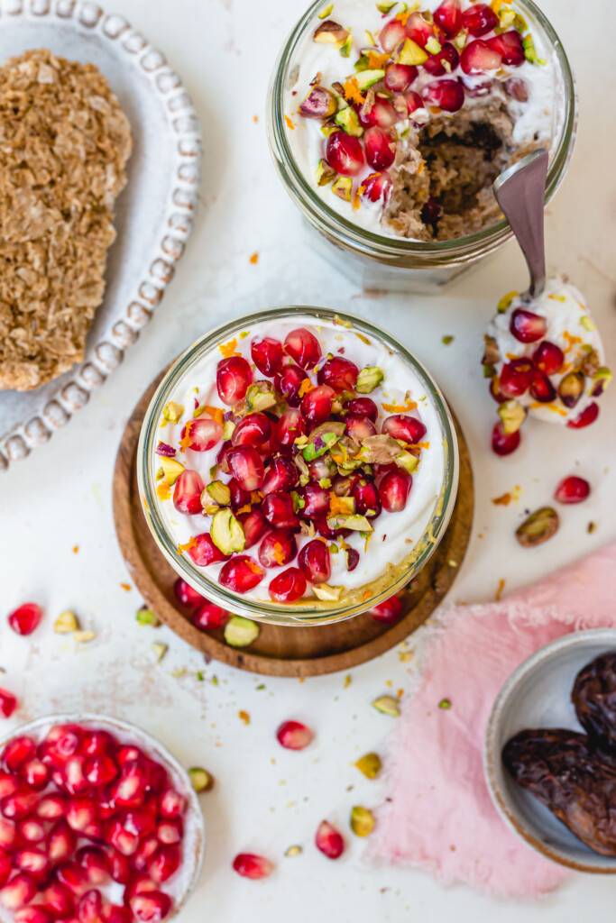 The top of a Baklava-Inspired Weetabix Jar covered with pomegranate