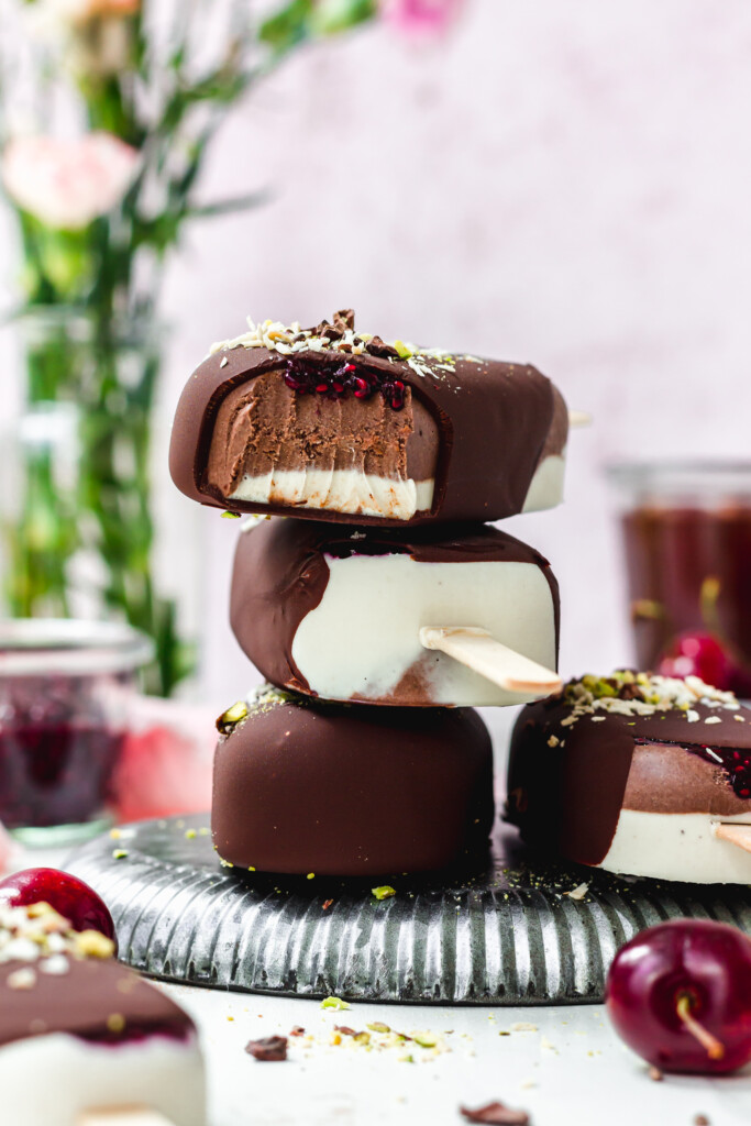 Three Black Forest Magnum Ice Creams on a metal tray