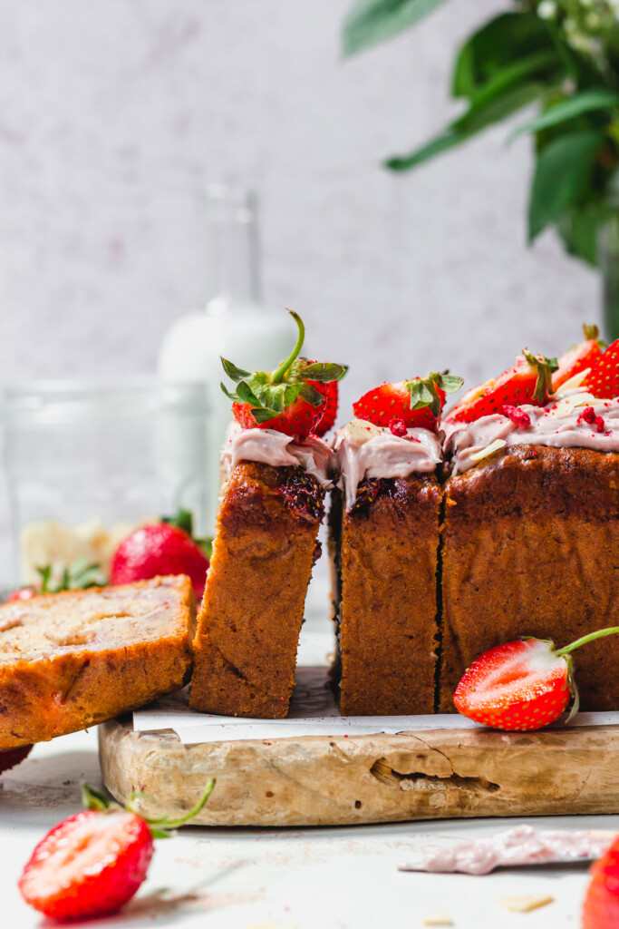 Side on photo of Strawberry Almond Banana Bread with slices