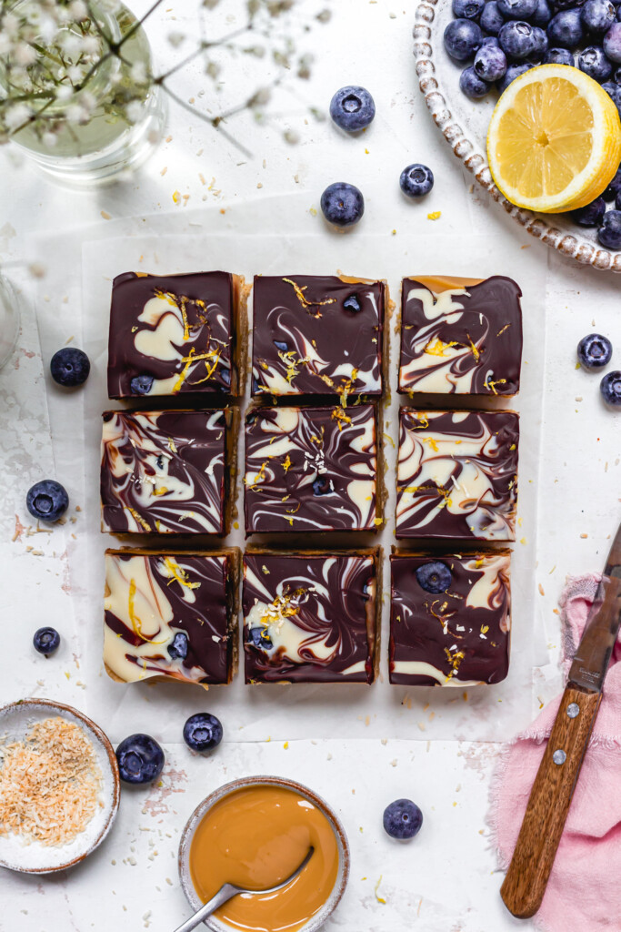 9 chocolate slices with blueberries and lemon