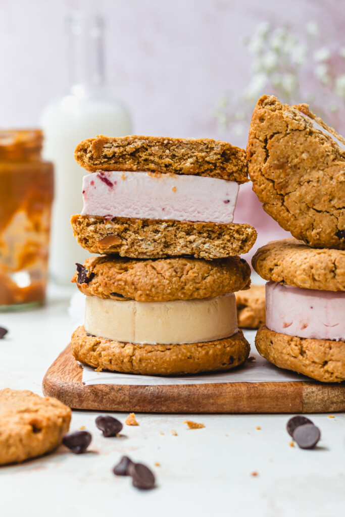 A few Peanut Butter Cookie Ice Cream Sandwiches on a board