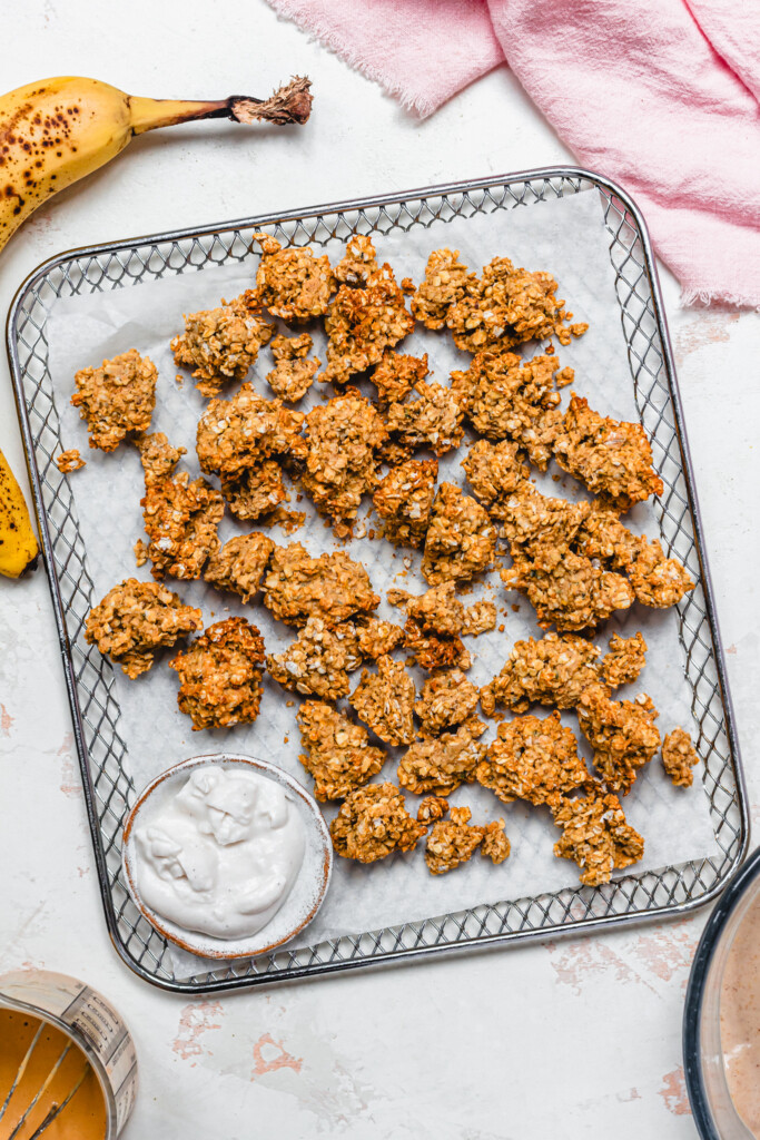 A small tray of banana oat granola clusters