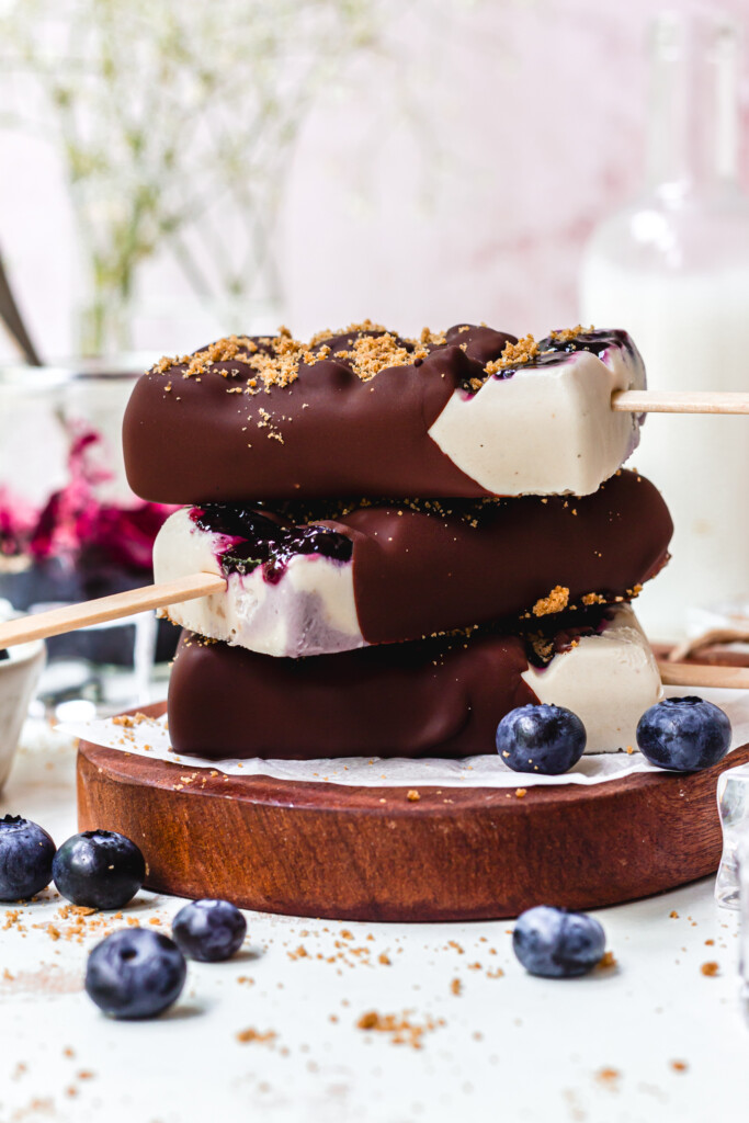 A stack of three Blueberry Cheesecake Magnum Ice Creams