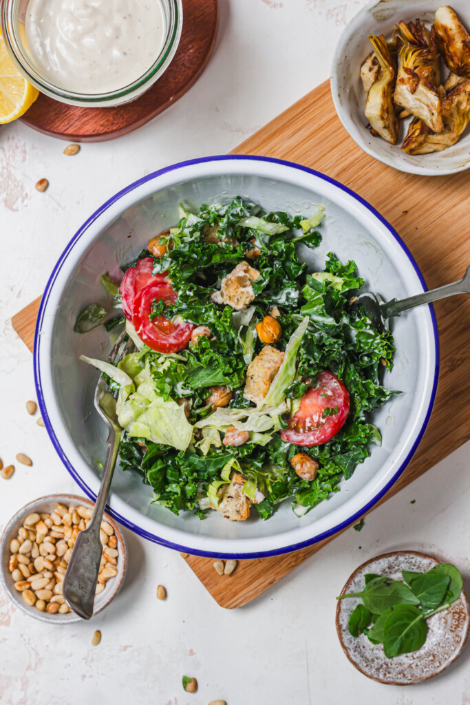 Kale, cucumber and croutons in a bowl