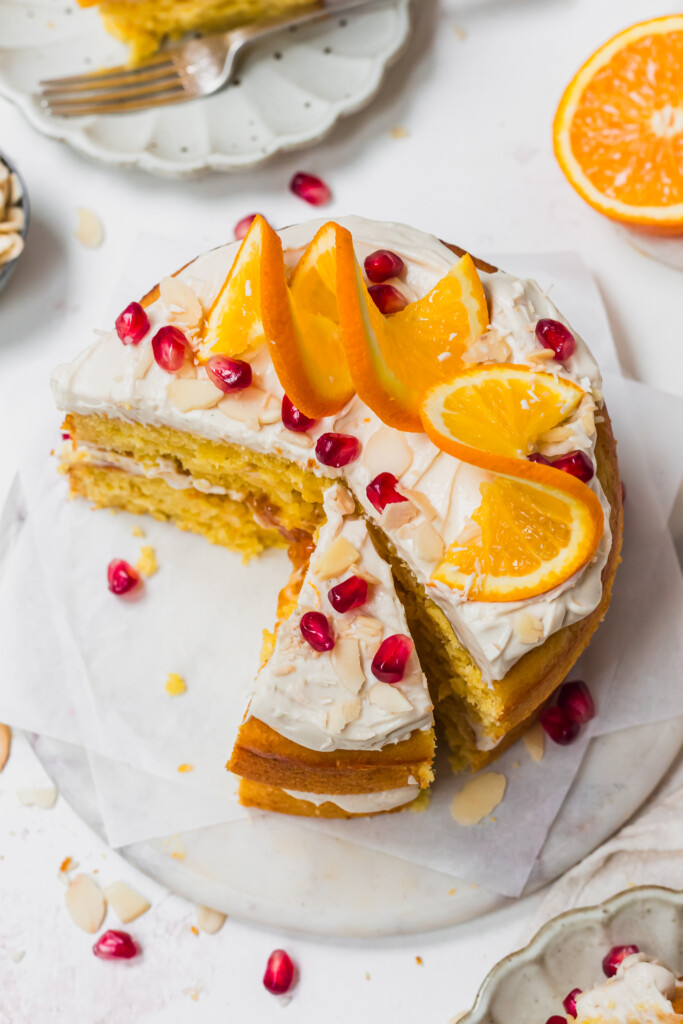 The top of an Orange and Almond Cake with orange slices
