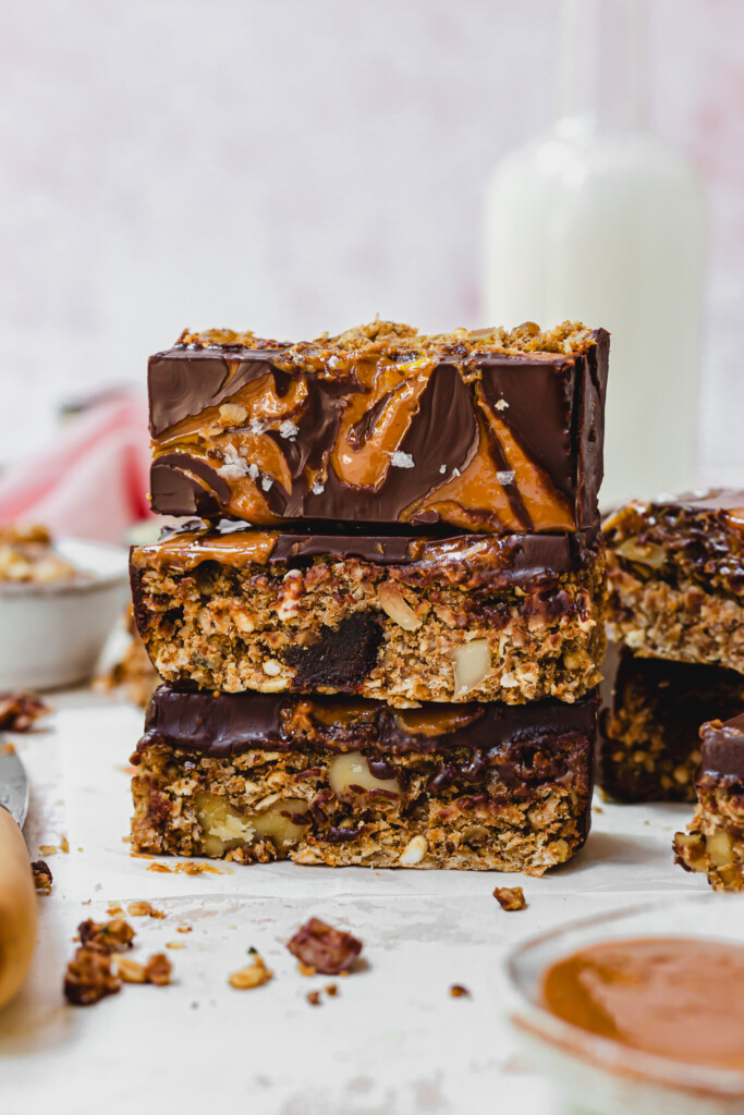 A stack of three Banana Nut Chocolate Flapjack on top of one another