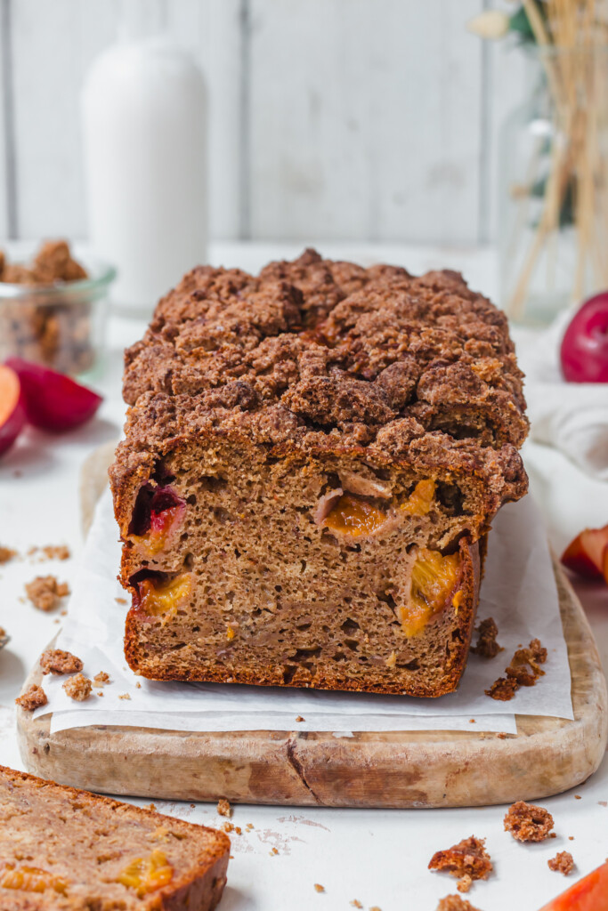 A loaf of Cinnamon Plum Streusel Banana Bread without frosting