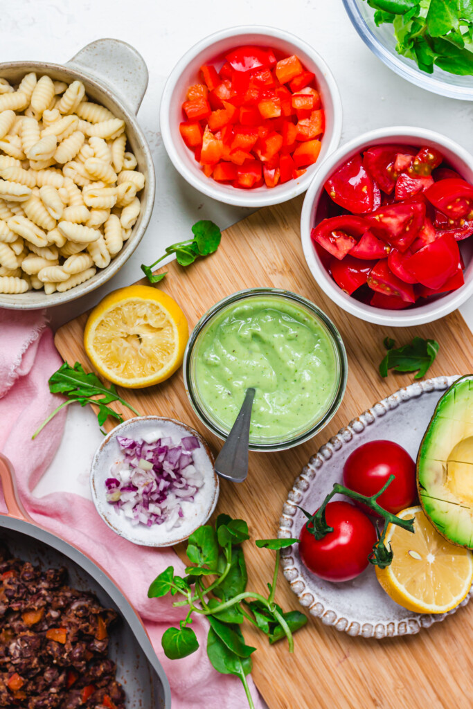 Ingredients needed for Guacamole Pasta Salad with avocado, tomatoes and black beans