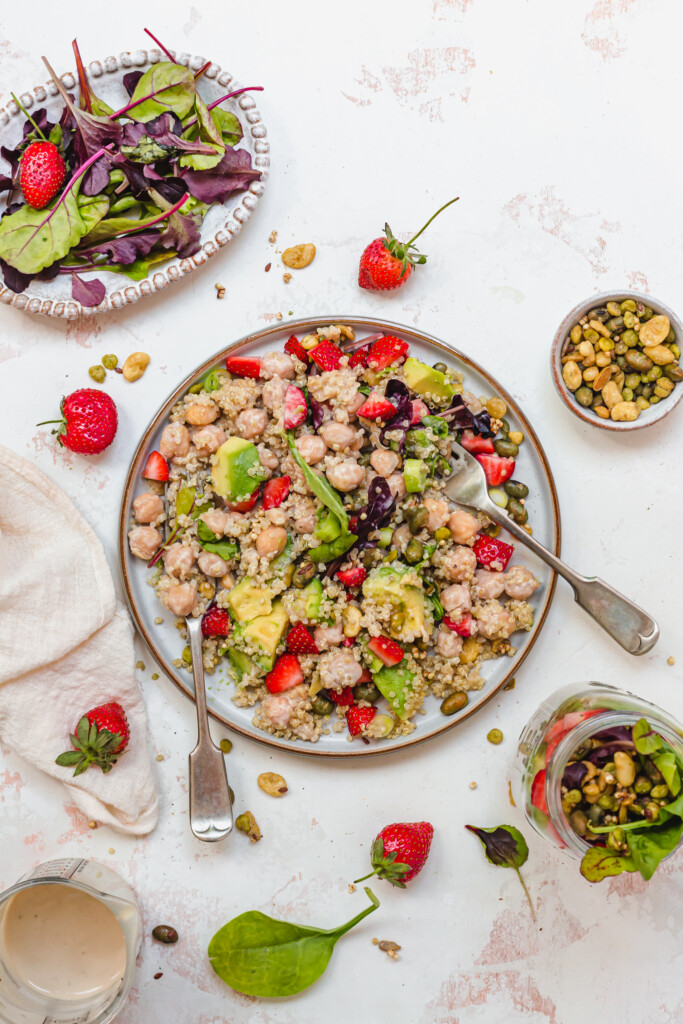 Chickpea Avocado Quinoa Salad on a plate with two forks