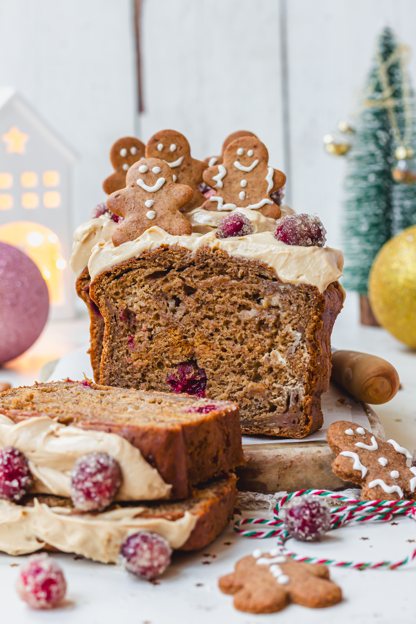 A loaf of Gingerbread White Chocolate and Cranberry Banana Bread
