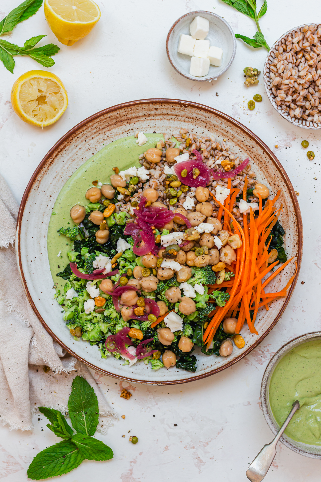 Chopped Broccoli Chickpea and Green Tahini Salad on a plate