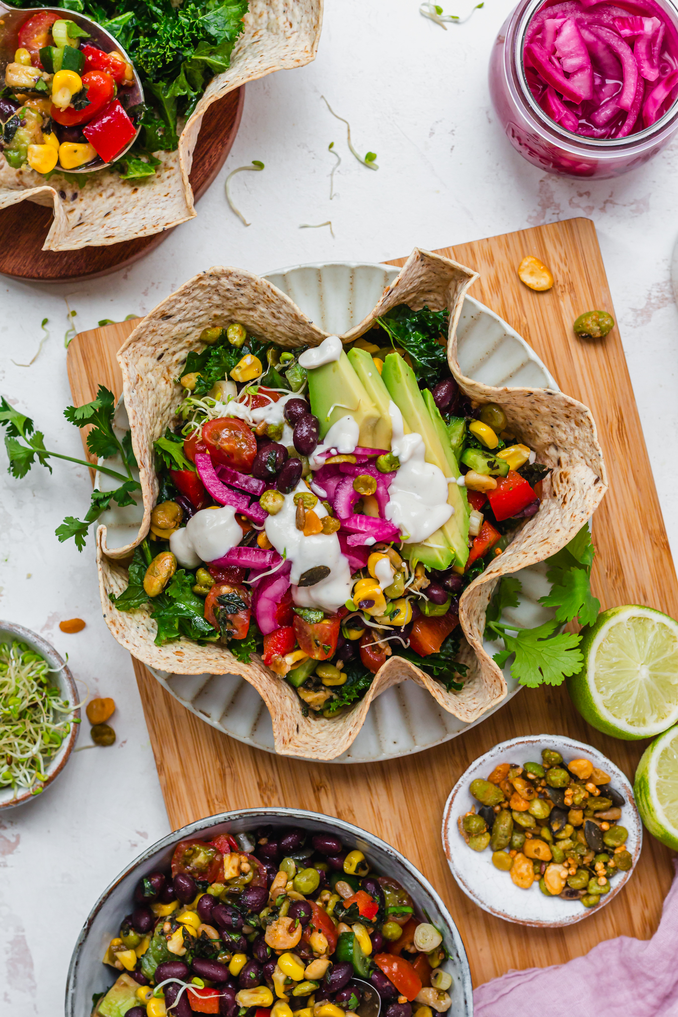 Taco Bowl Salad with Whipped Tahini on a plate