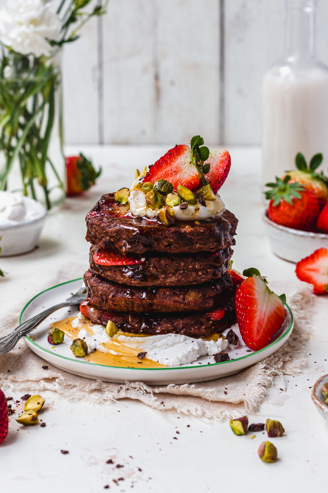 A stack of Chocolate Strawberry Pancakes