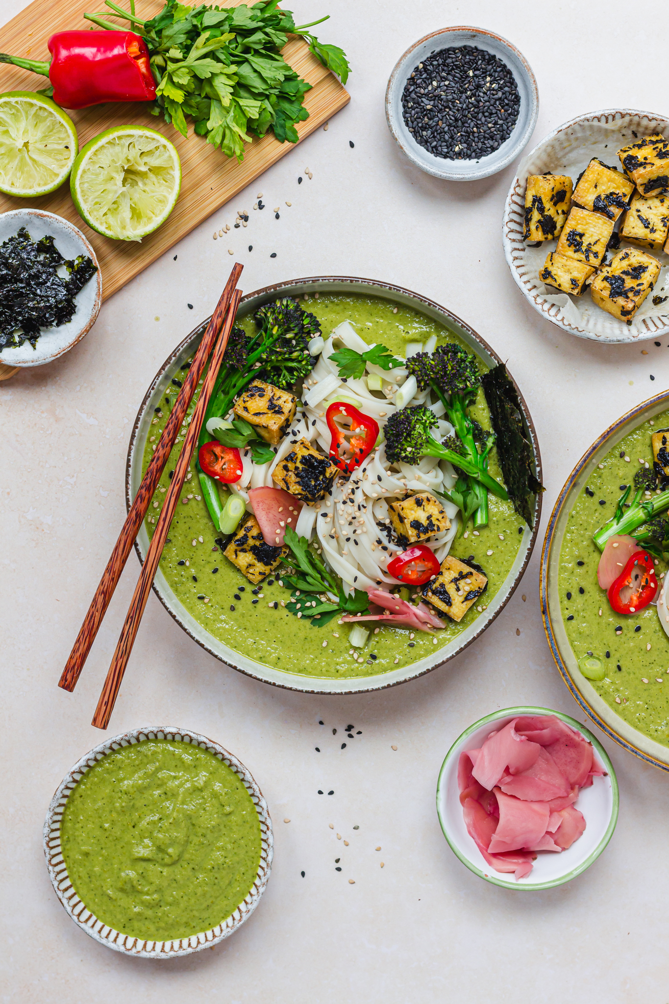 Creamy Green Noodle Bowls with Nori Tofu bowls with chopsticks