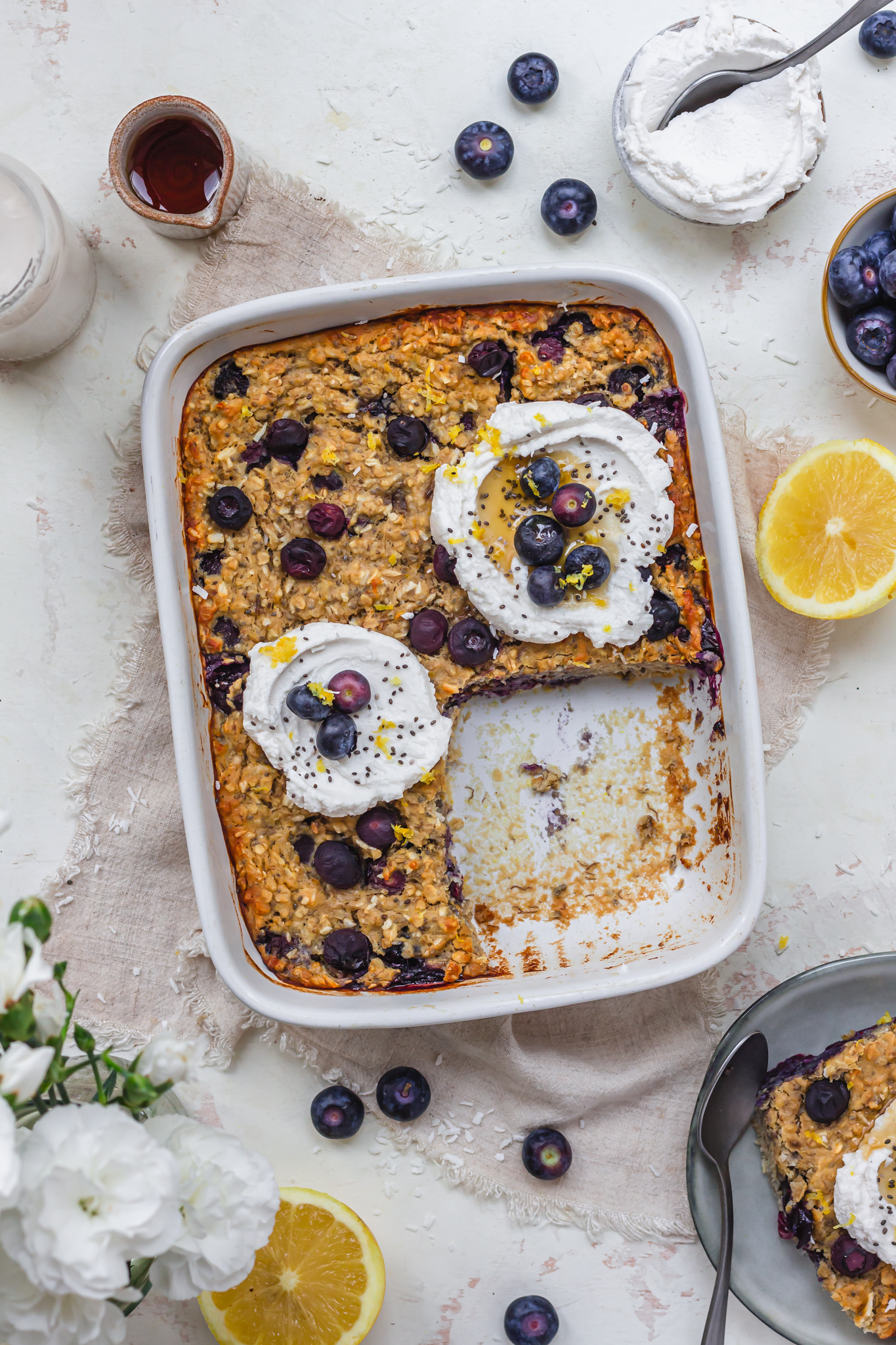 A dish of Lemon and Blueberry Chia Baked Oats