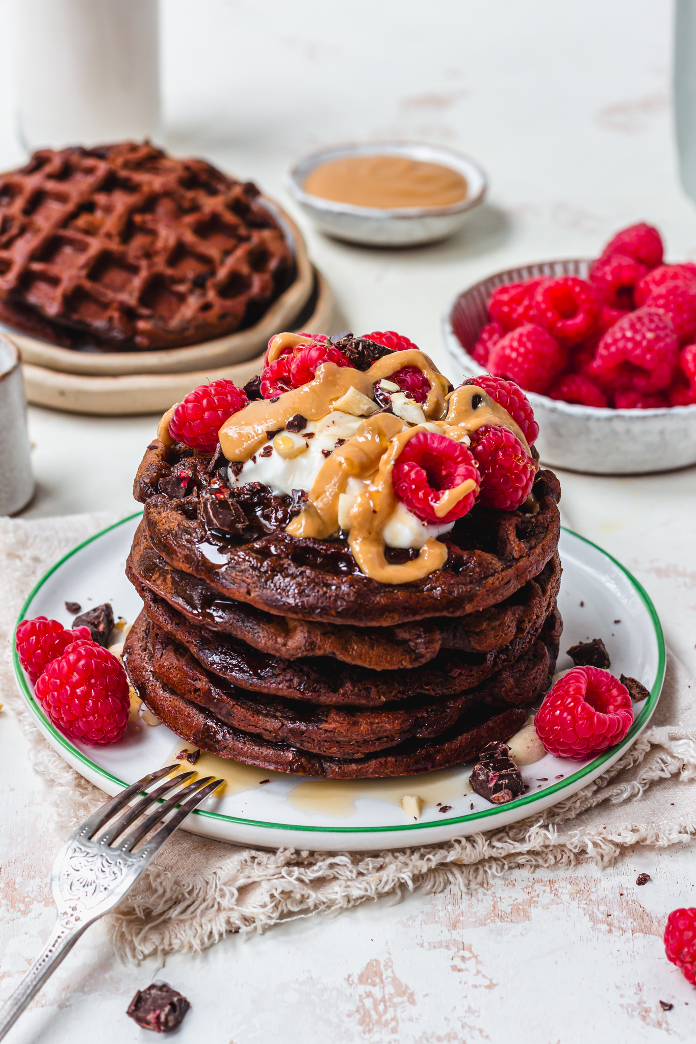 A plate of Chocolate Peanut Butter Protein Waffles