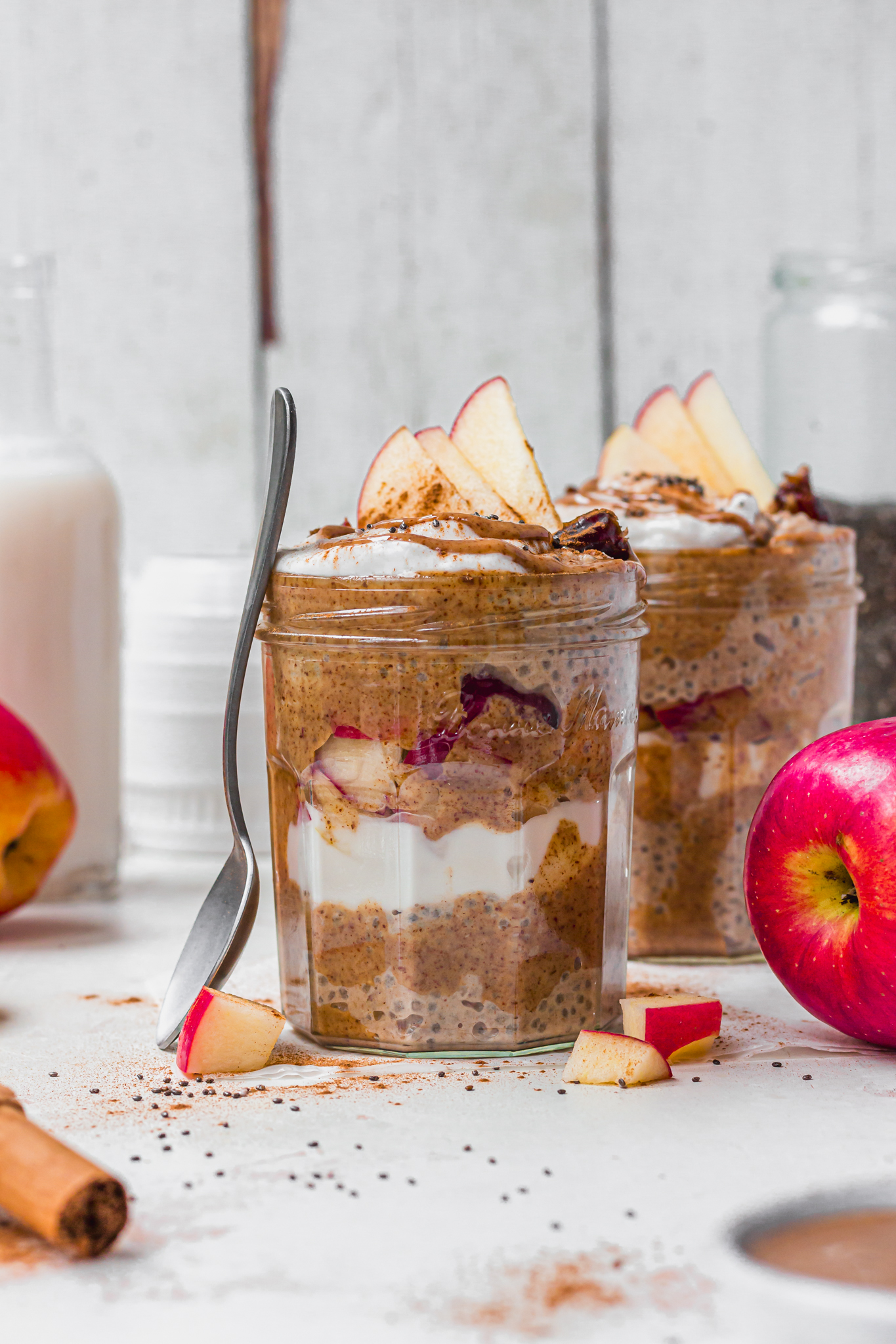 Two jars of Apple Pie Chia Pudding