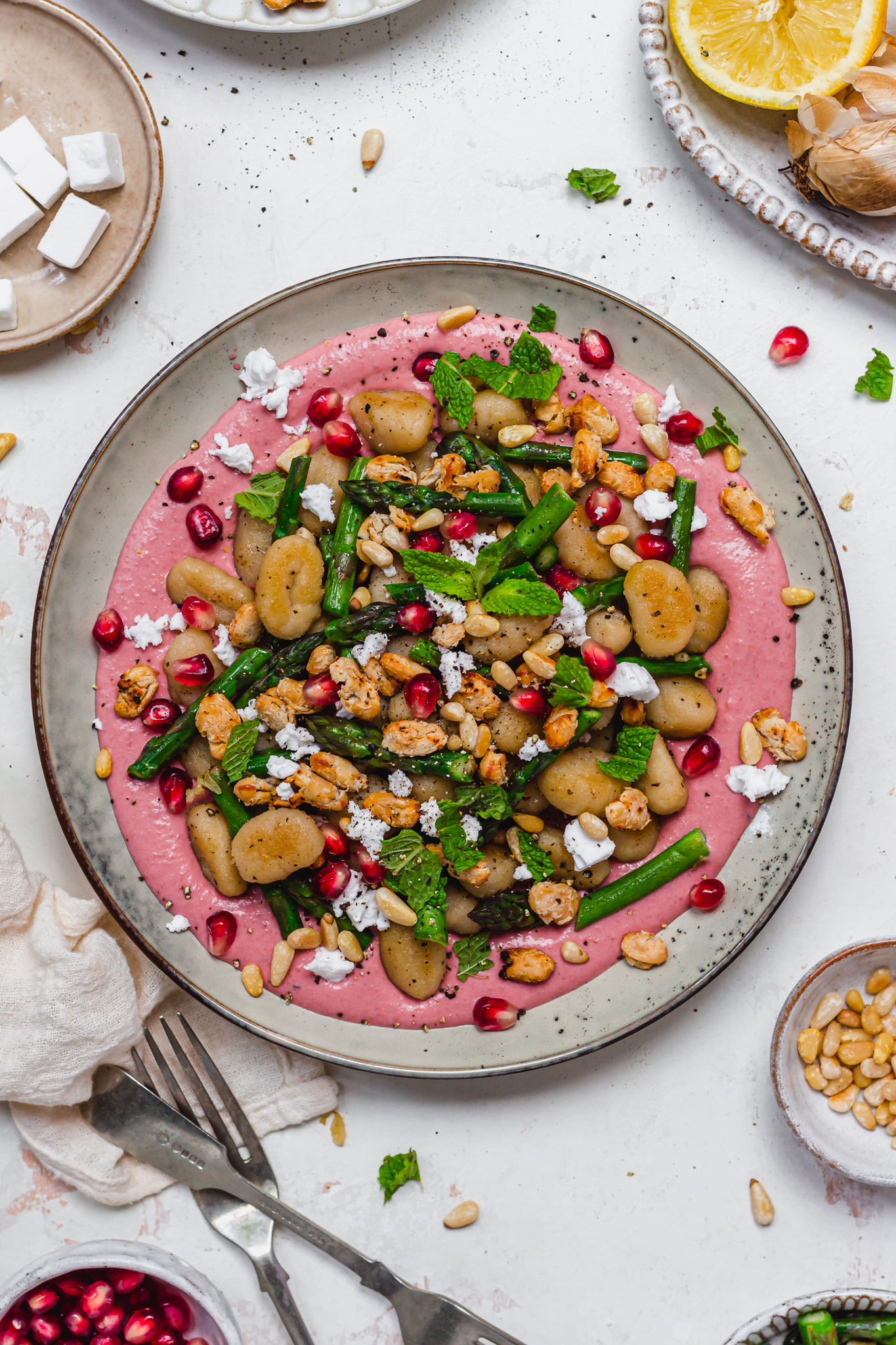 A plate of Vegan Gnocchi with Creamy Beetroot Sauce and Beans