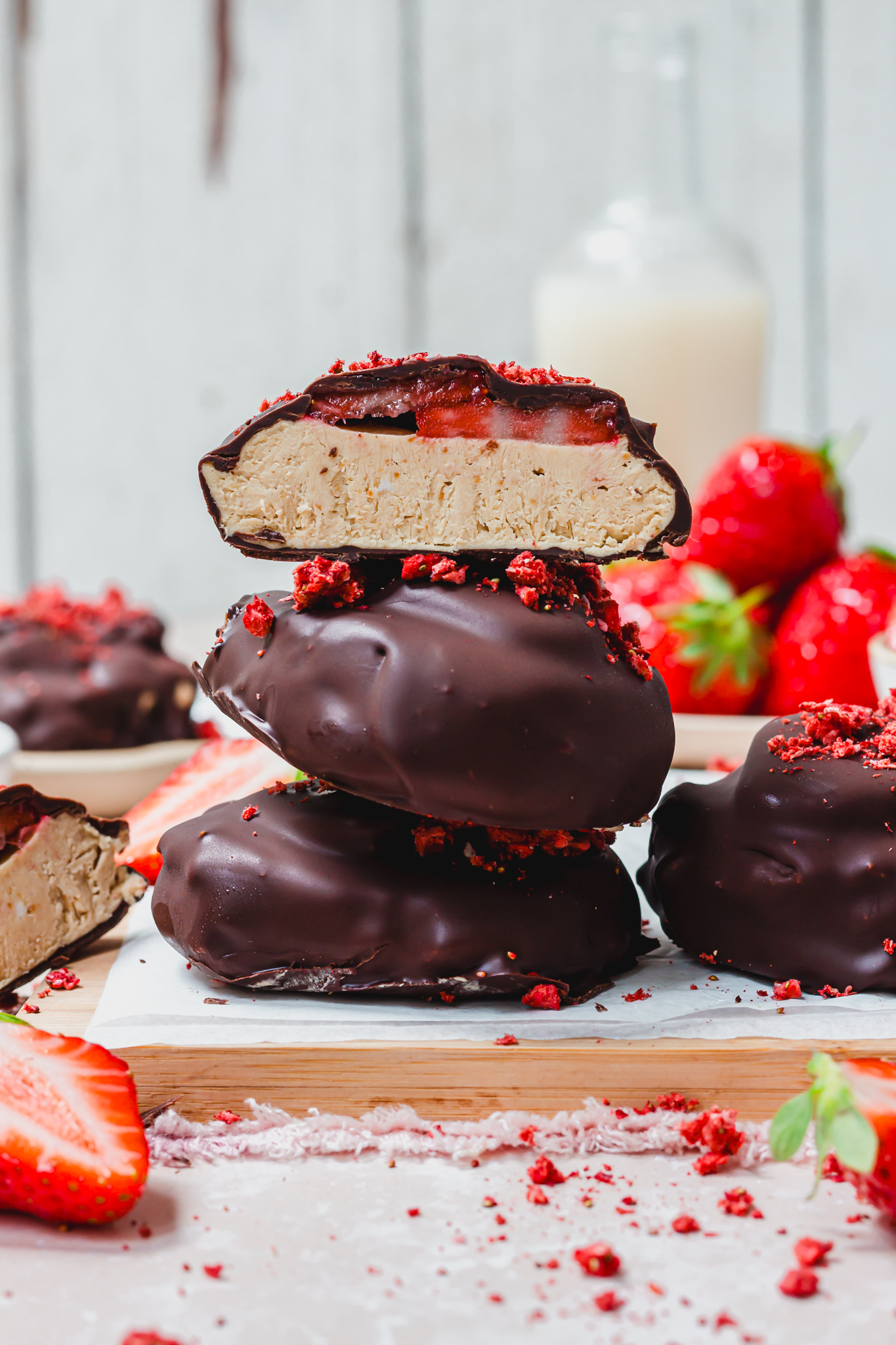 A stack of three Peanut Butter Strawberry FroYo Bites