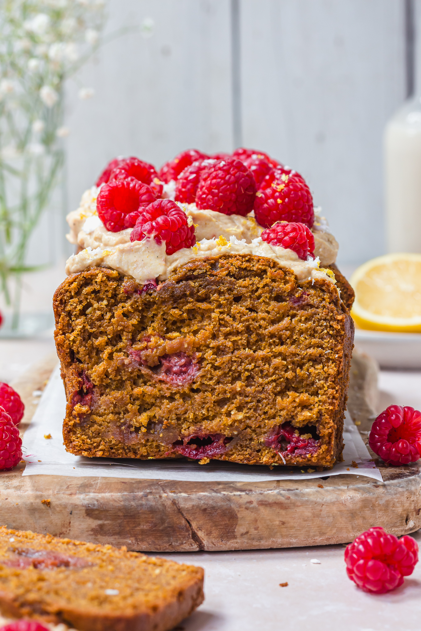 Close up of Raspberry Lemon and Coconut Loaf Cake