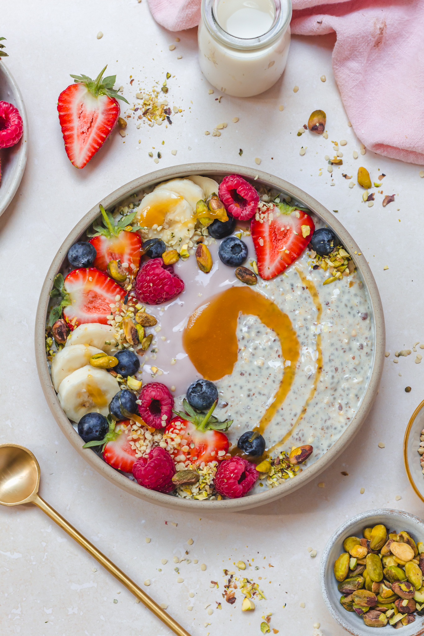 A bowl of Quick Soak Creamy Overnight Protein Oats with fruit