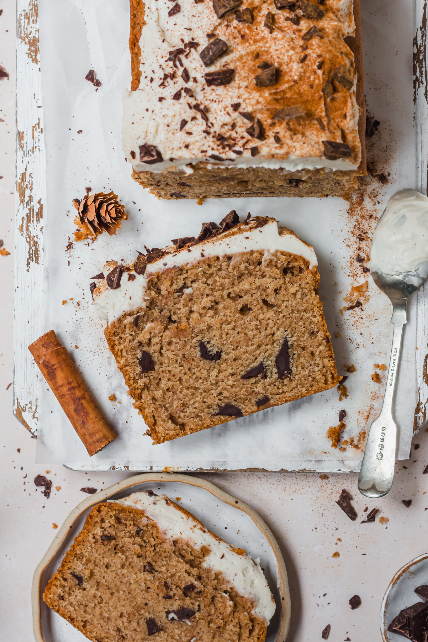 A slice of Chai Chocolate Chunk Loaf Cake