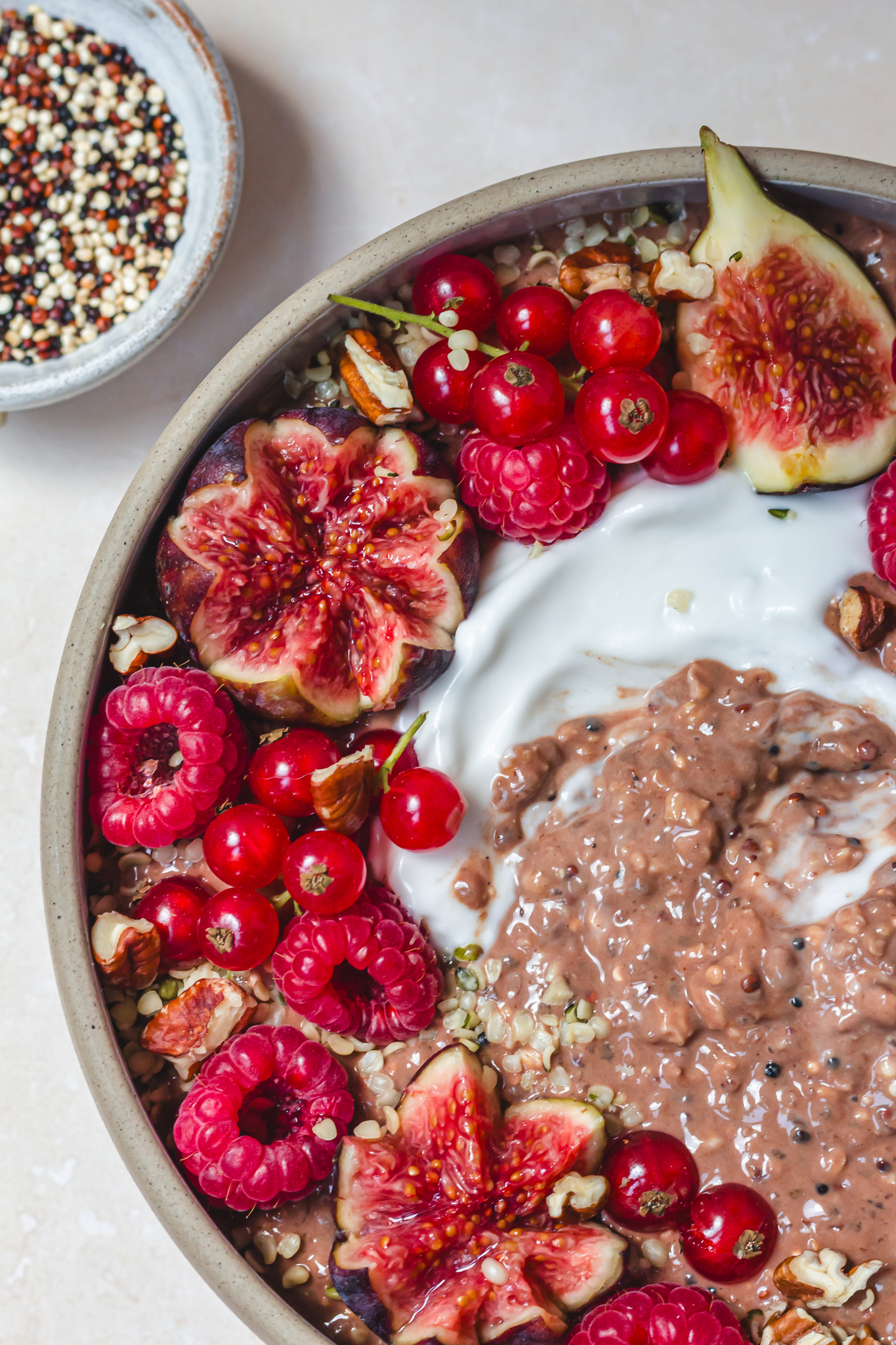 Close up of figs on top of chocolate oats