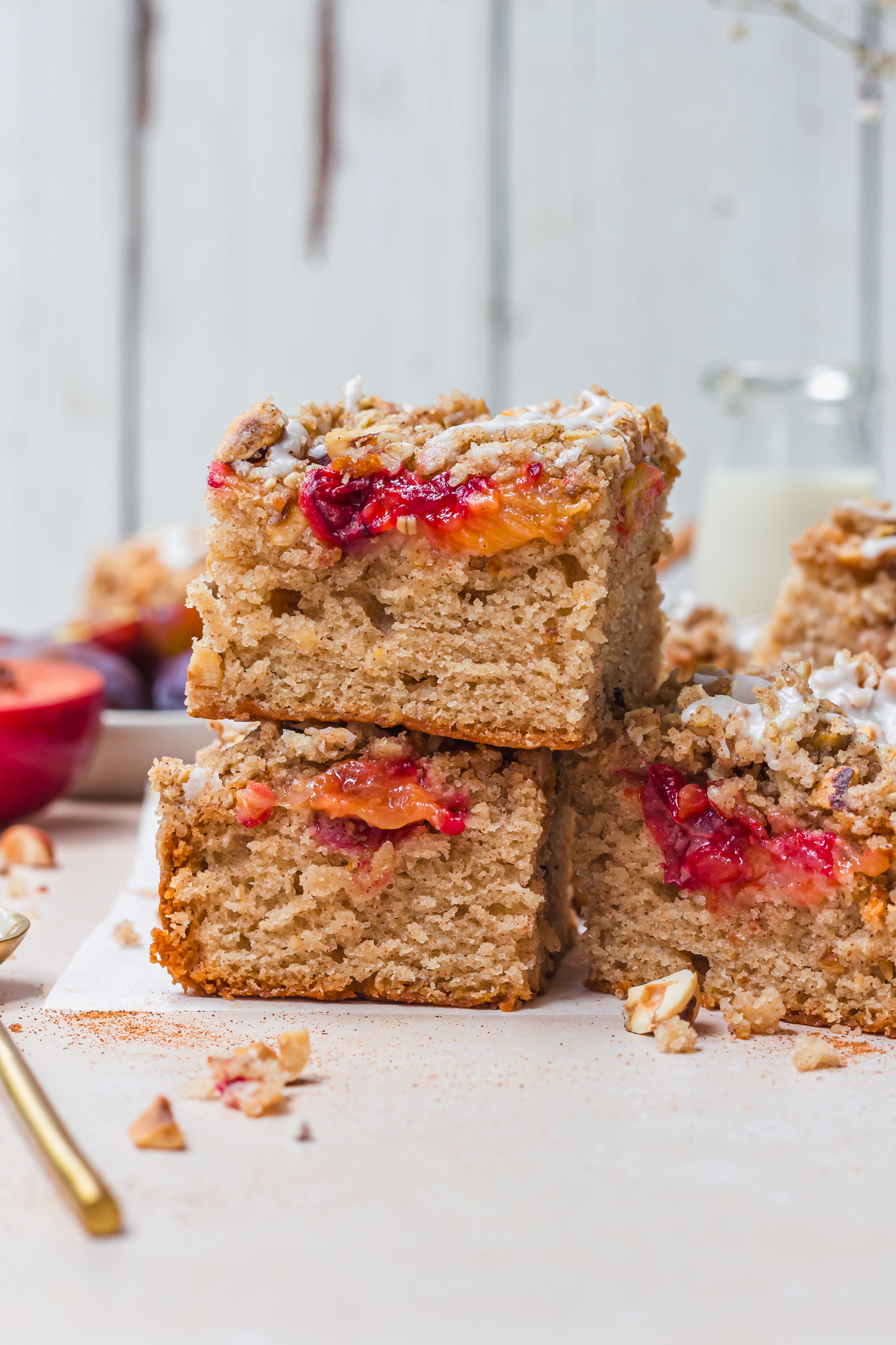 Three squares of Plum and Hazelnut Crumble Cake