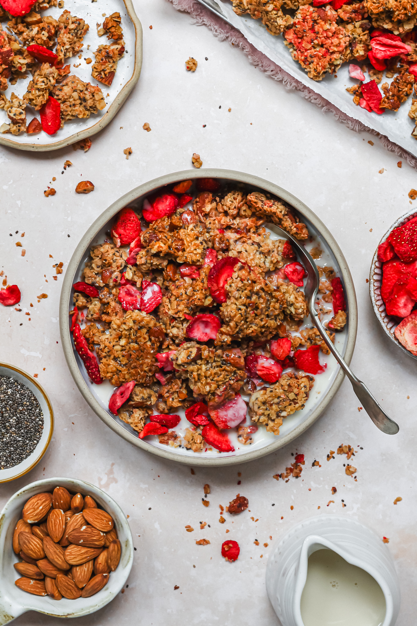 A bowl of Strawberry Almond Granola with milk