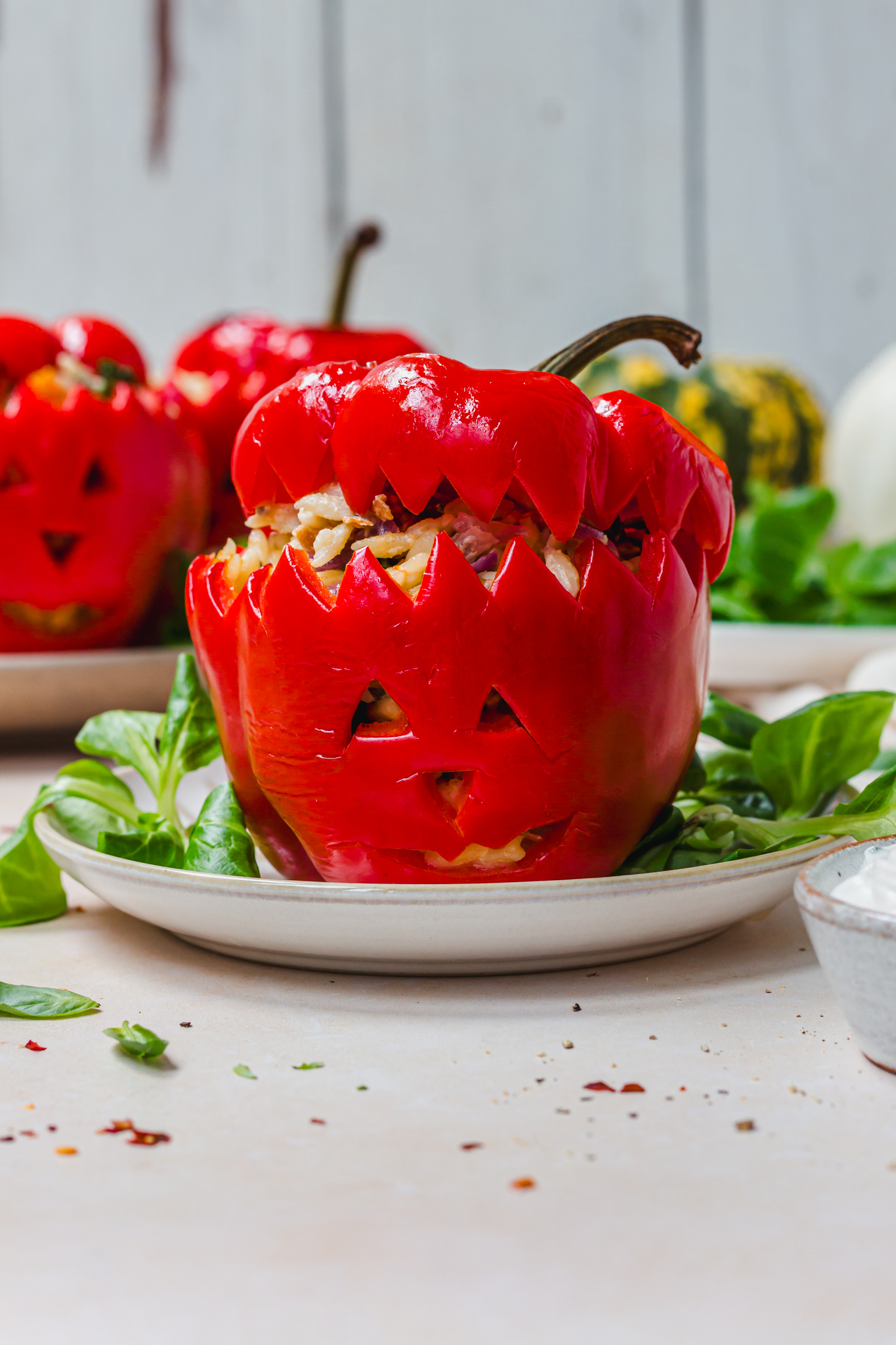 A Mediterranean Stuffed Halloween Pepper on a plate