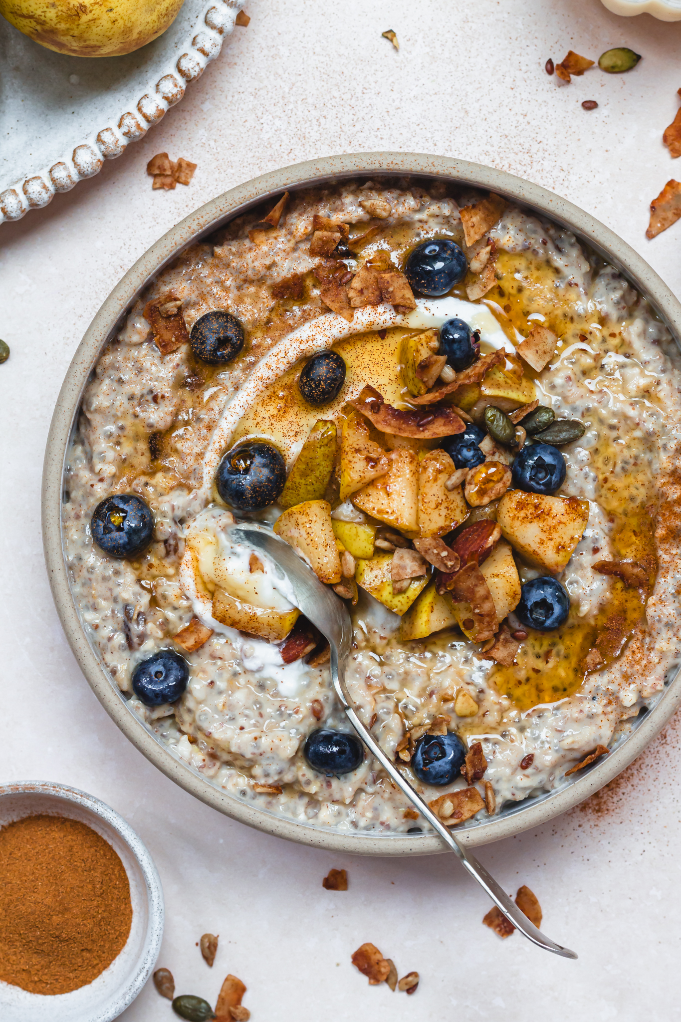 Close up of Pear and Raisin Quick Soak Overnight Oats