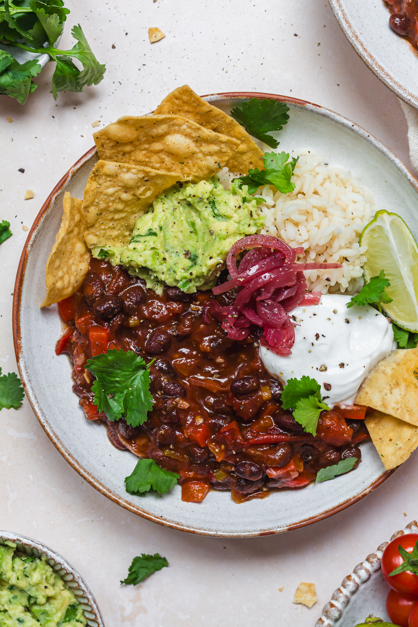 Close up of Chipotle Black Beans with Guacamole