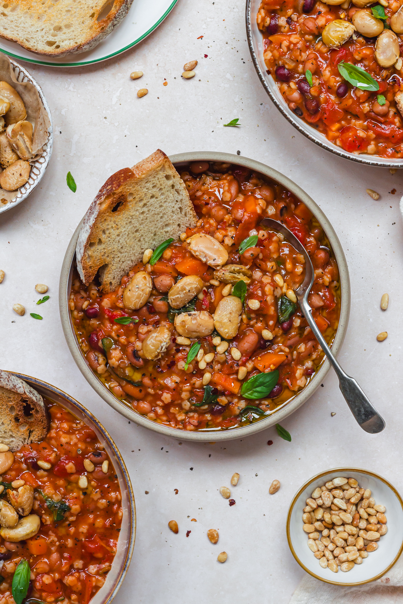 A few bowls of Sun-Dried Tomato, Bean and Pasta Minestrone Soup