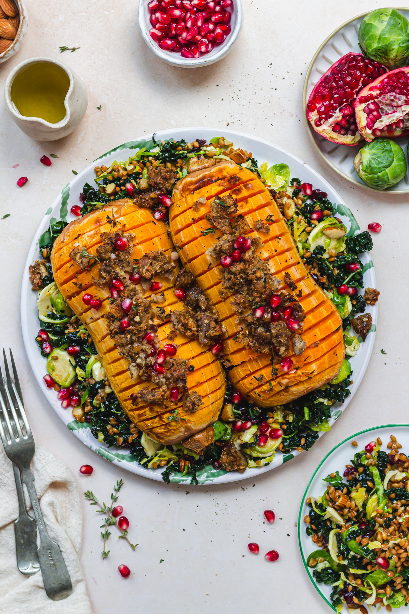 Two halves of Hassleback Squash with Chestnut Stuffing Crumble