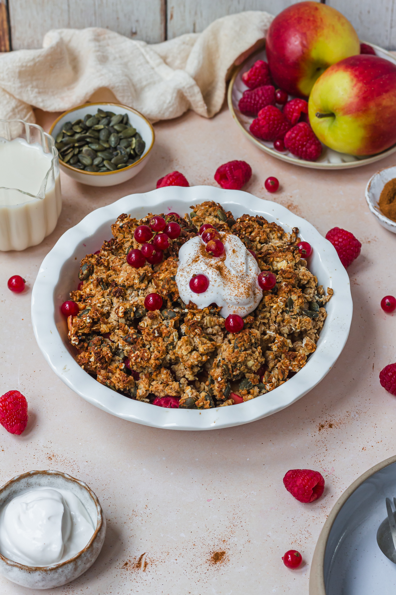 A dish of Apple and Raspberry Breakfast Crumble