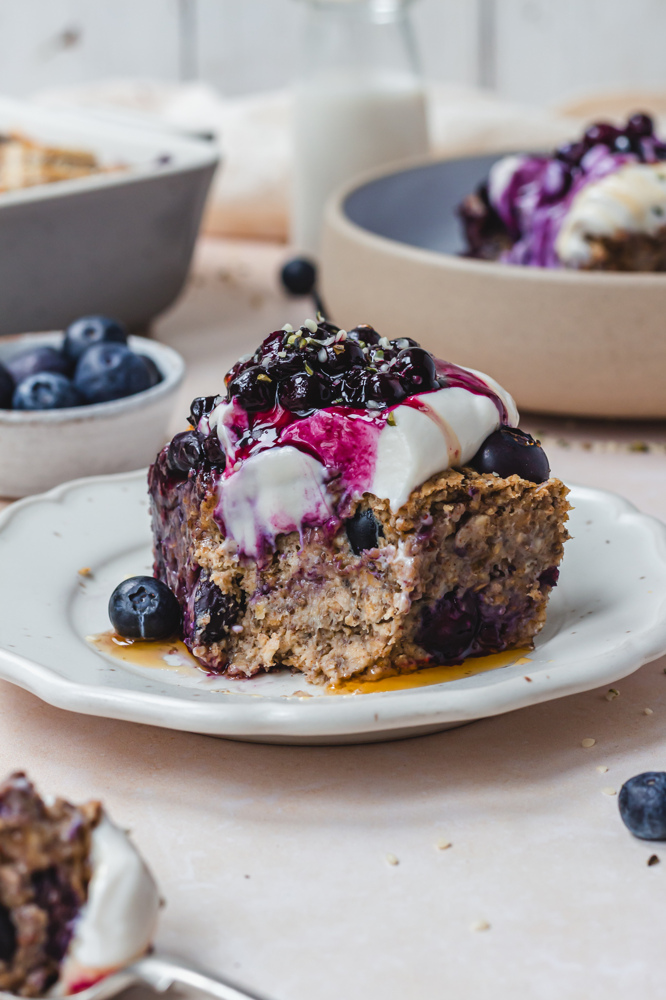 A half eaten piece of Banana Blueberry Baked Protein Oats