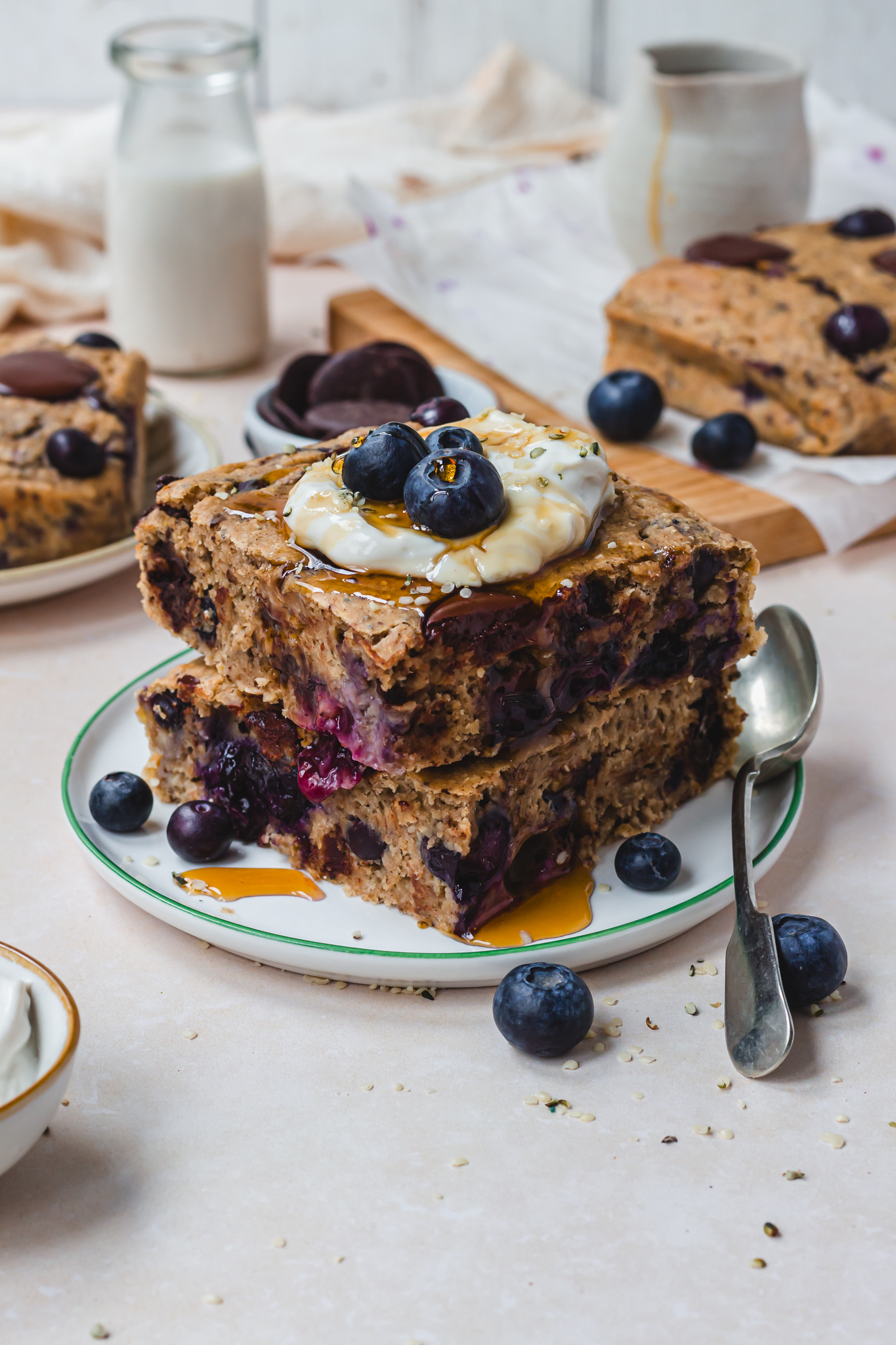 Two pieces of Blueberry Chocolate Chip Sheetpan Pancakes