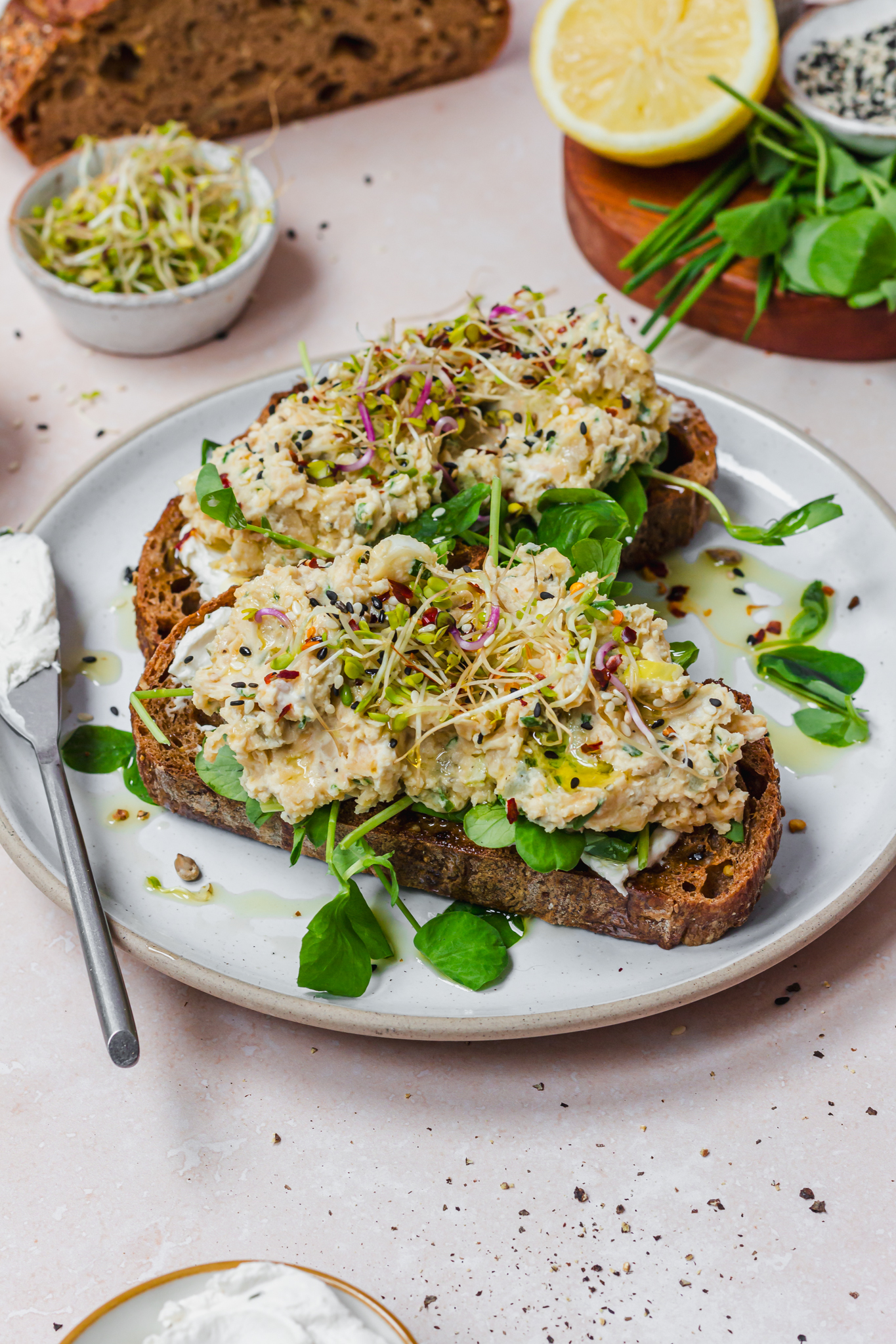 Two slices of Chickpea "Tuna" Smash Sandwich