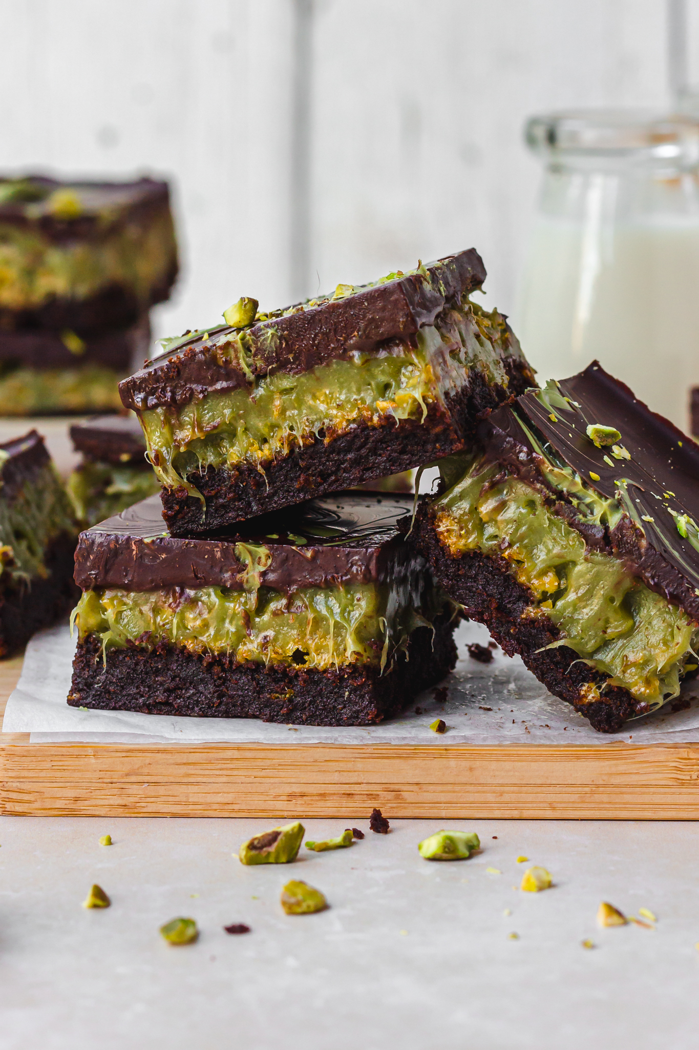 A few Dark Chocolate Pistachio Crunch Caramel Brownies